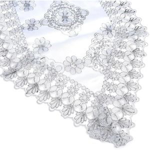 Table Runner 72 Inches Long White Silver Floral Flower Embroidered Pattern